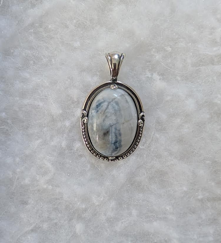 Lapis Lace Onyx & Scheelite Pendant: Coastal 25x18mm stone in 1.5" sterling silver setting, unique blue and white design jewelry