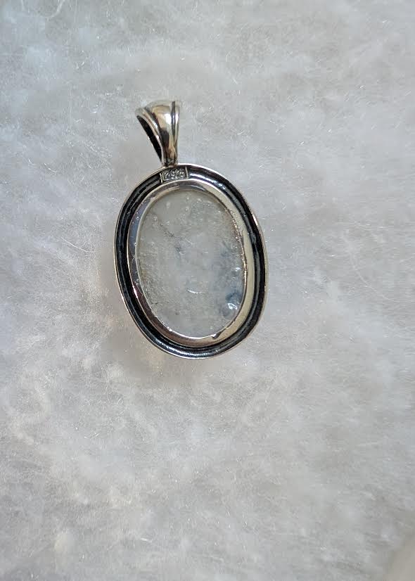 Lapis Lace Onyx Scheelite Pendant, 25x18mm stone in Sterling Silver Oval Setting. Unique Coastal Jewelry.