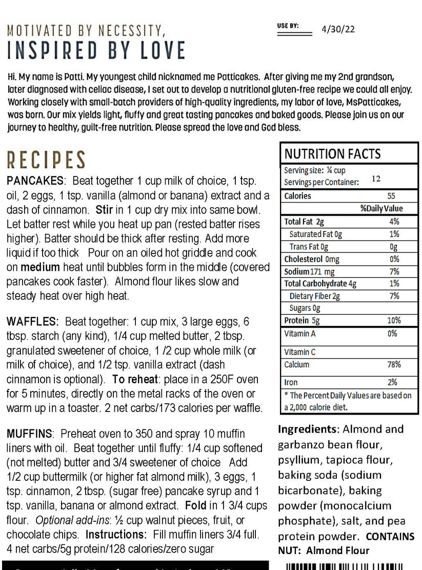 Keto Gluten-Free Pancake Baking Mix Recipe & Nutrition Facts: MsPatticakes Almond Flour Blend
