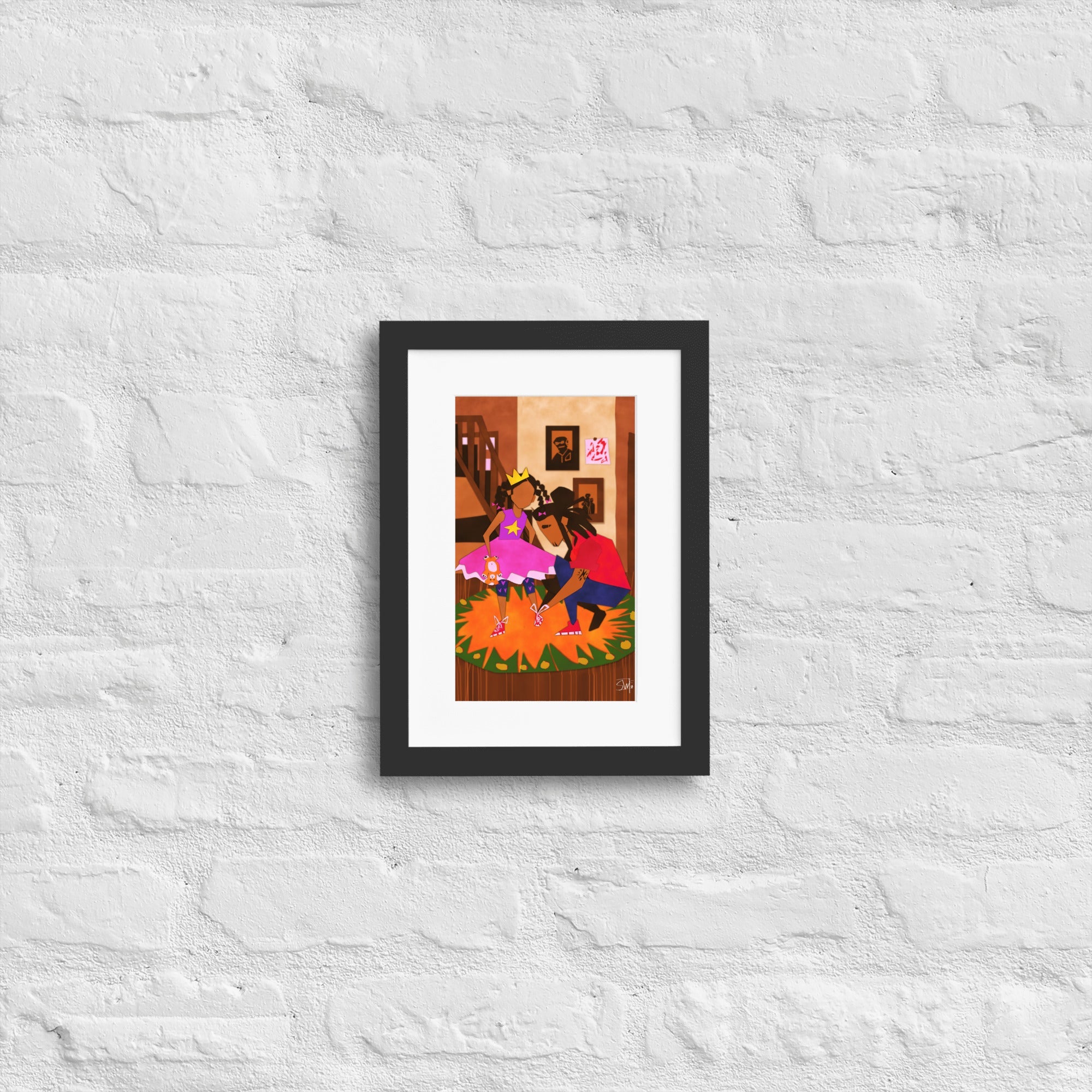 Framed art print: Father helping daughter with shoes. Black family art, cultural wall decor.