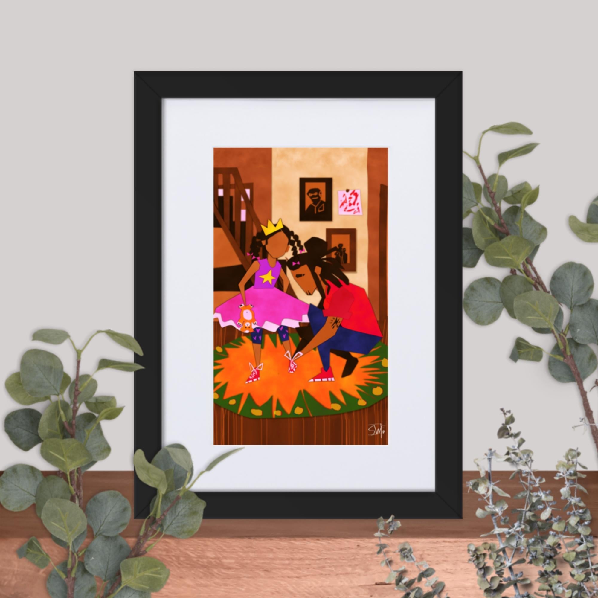 Black art framed poster: Father tying daughter's ballet shoes. "HELP ME PLEASE" by Main Street Collective