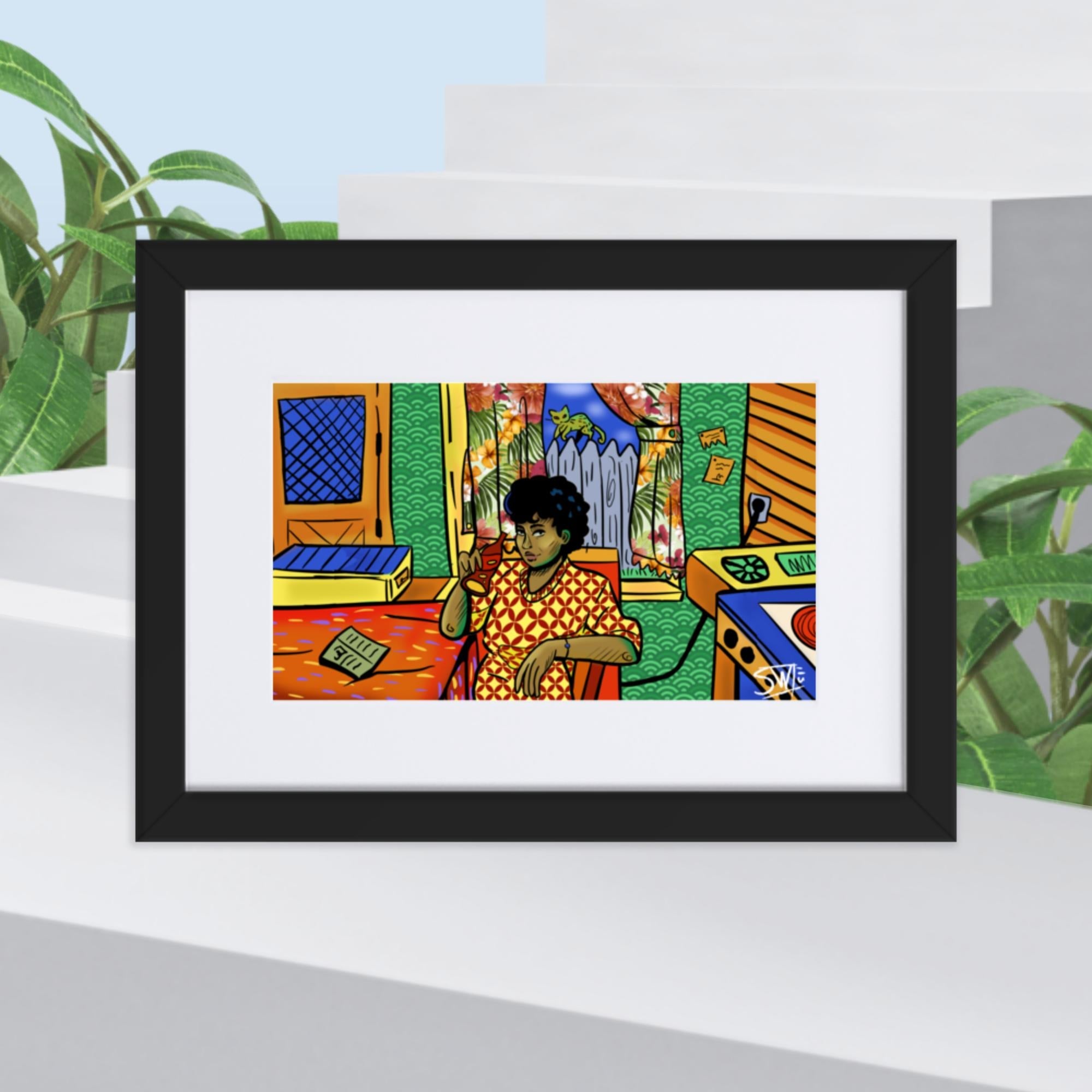 Framed "Soda Pop Woman" Poster. Woman in patterned dress. Art by Main Street Collective.