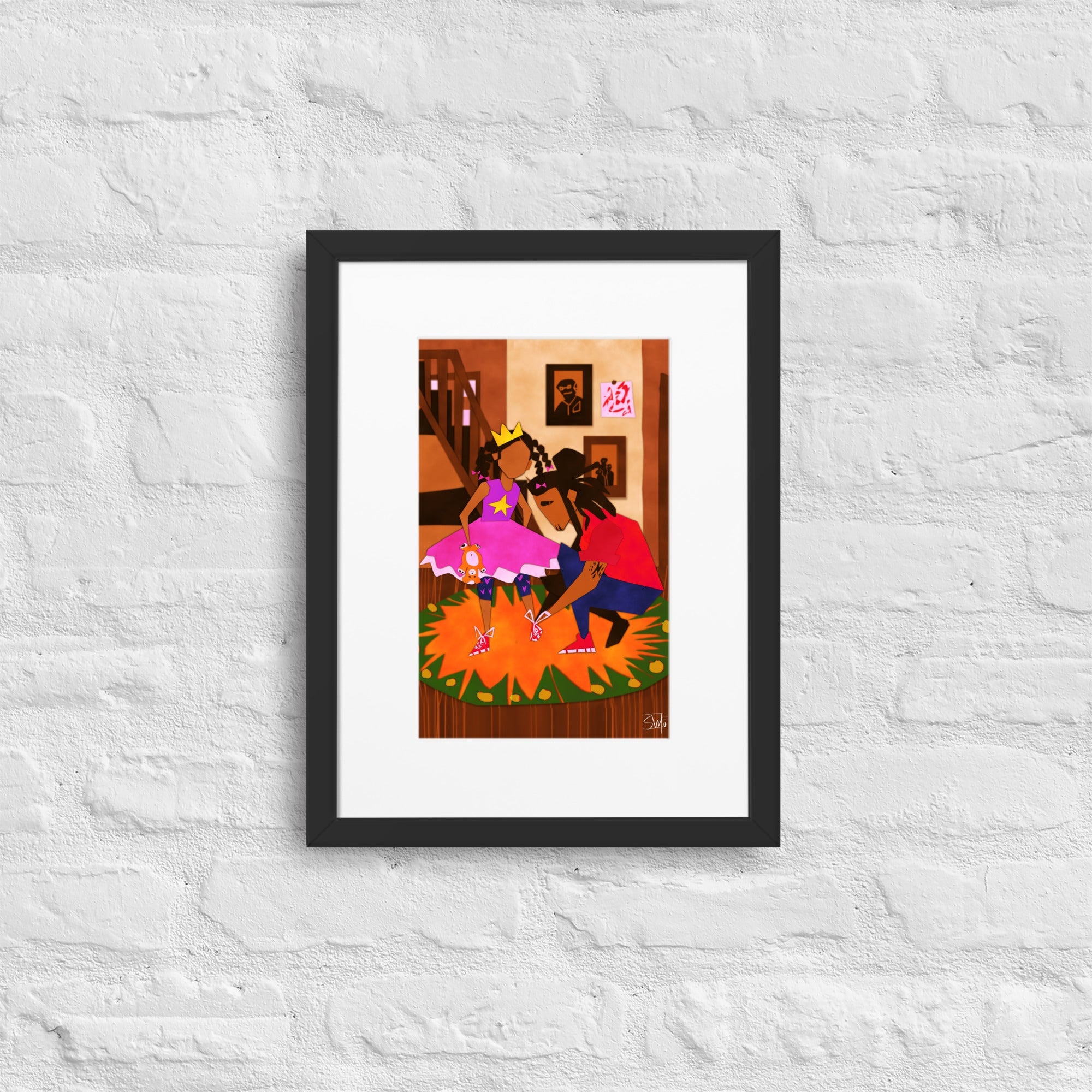 Black art framed poster: Father tying daughter's ballet shoes. Family art, modern wall decor.