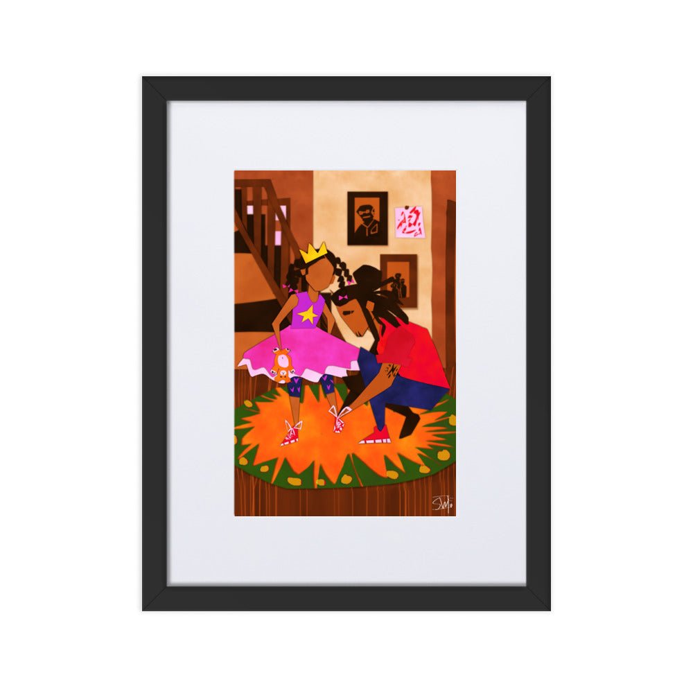 Black Family Art: Father Tying Daughter's Shoe, Framed Poster - Main Street Collective