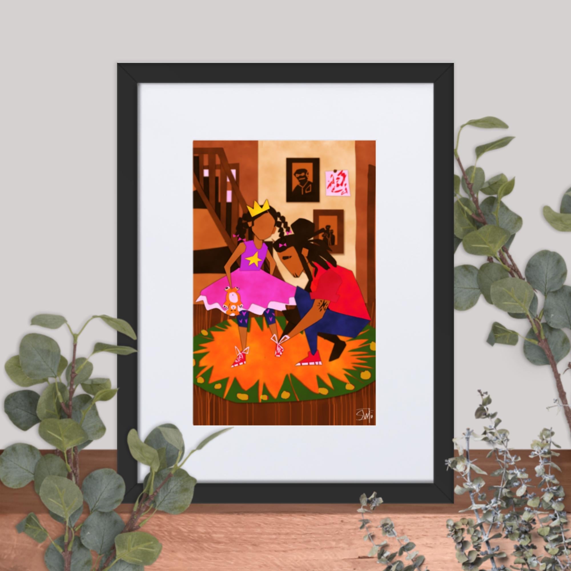 Black father daughter art print, Main Street Collective. Dad helping daughter with ballet shoes. Framed poster.