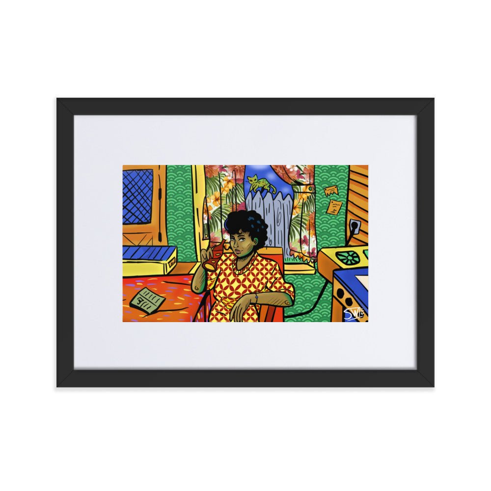 Framed art poster: Woman with soda pop, vibrant colors, retro illustration.