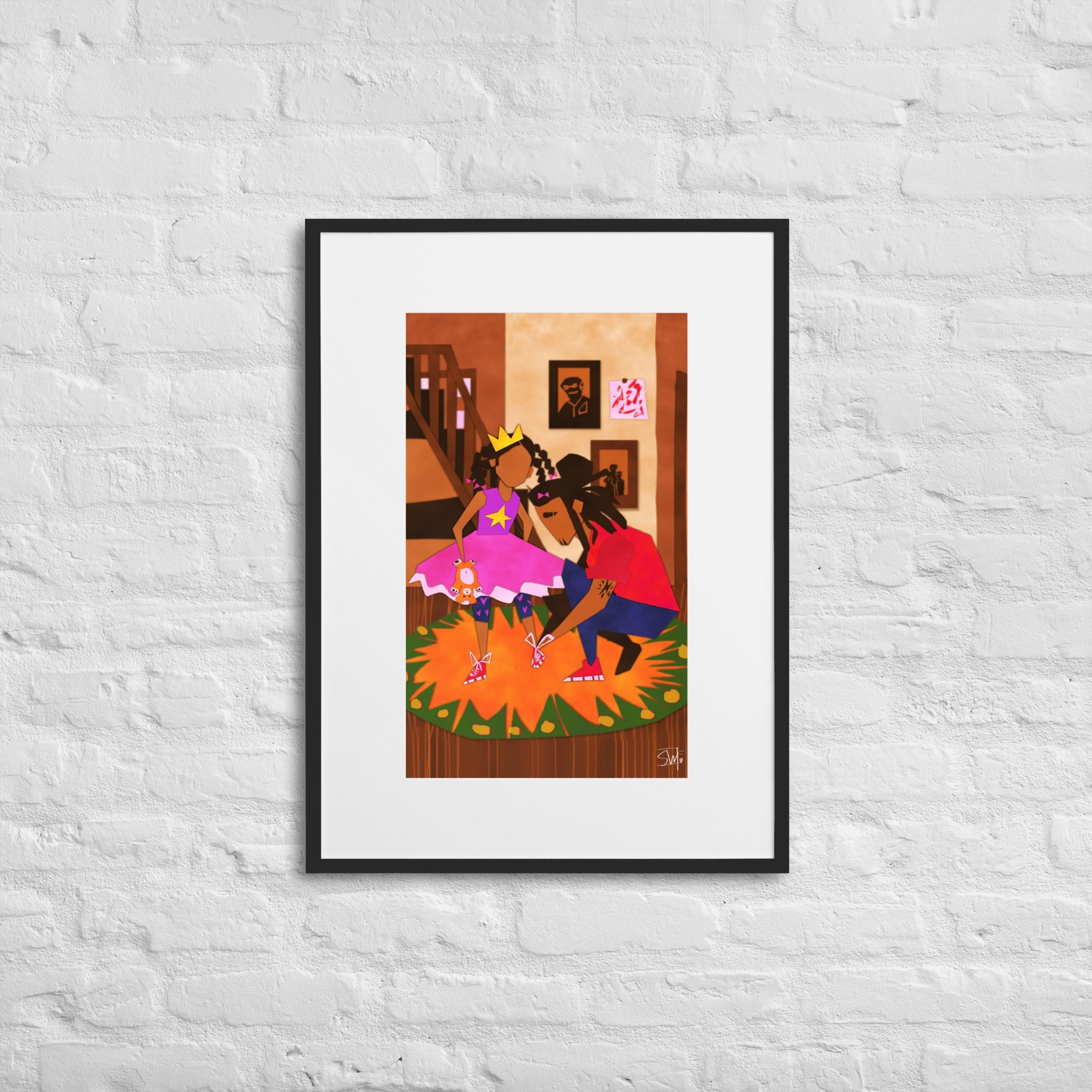 African American art: Father tying daughter's shoes. Framed poster of family love, Black art print, home decor, Main Street Collective.