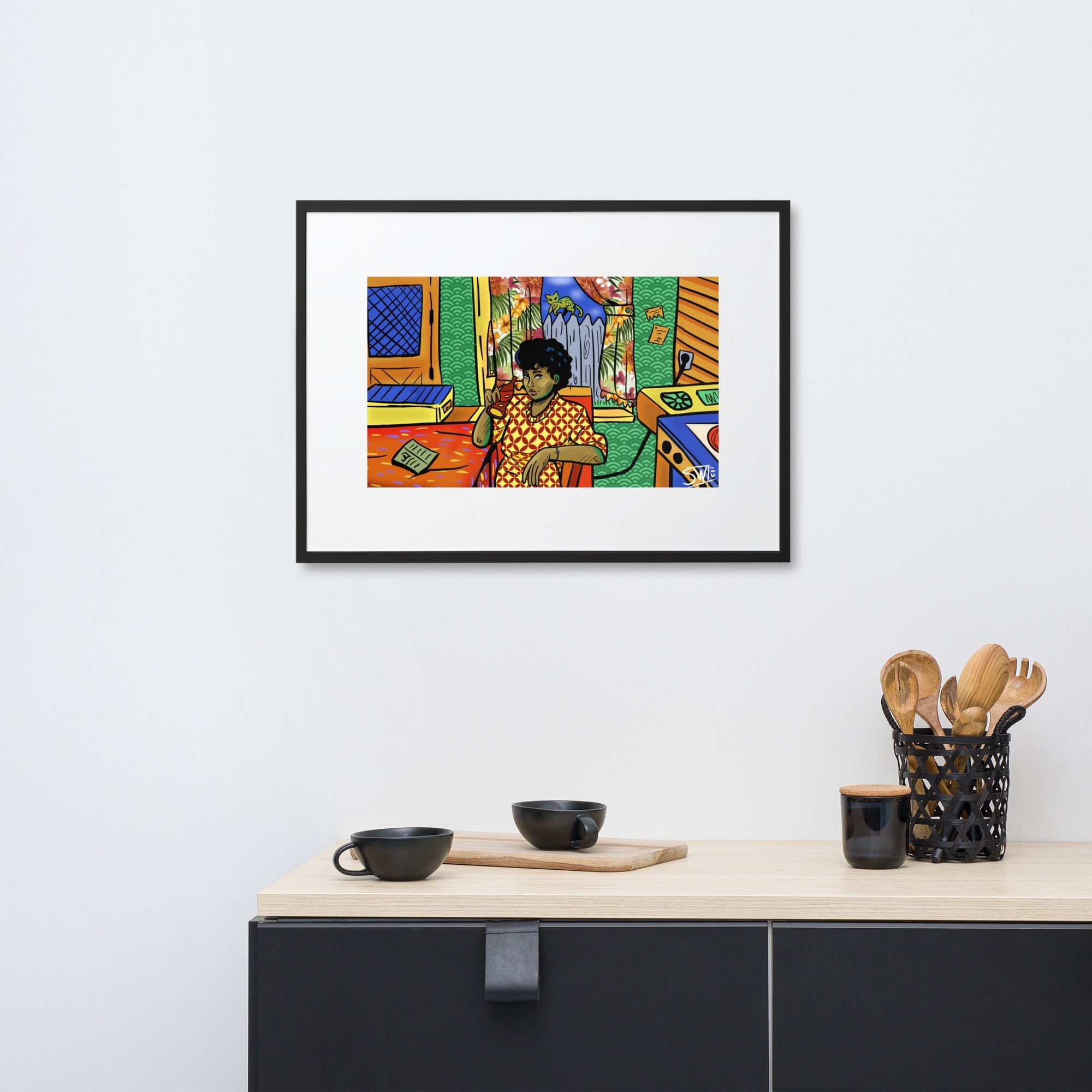 Framed 'Soda Pop Woman' Matte Art Poster by Main Street Collective. Woman with a Drink in a vibrant, colorful art style.