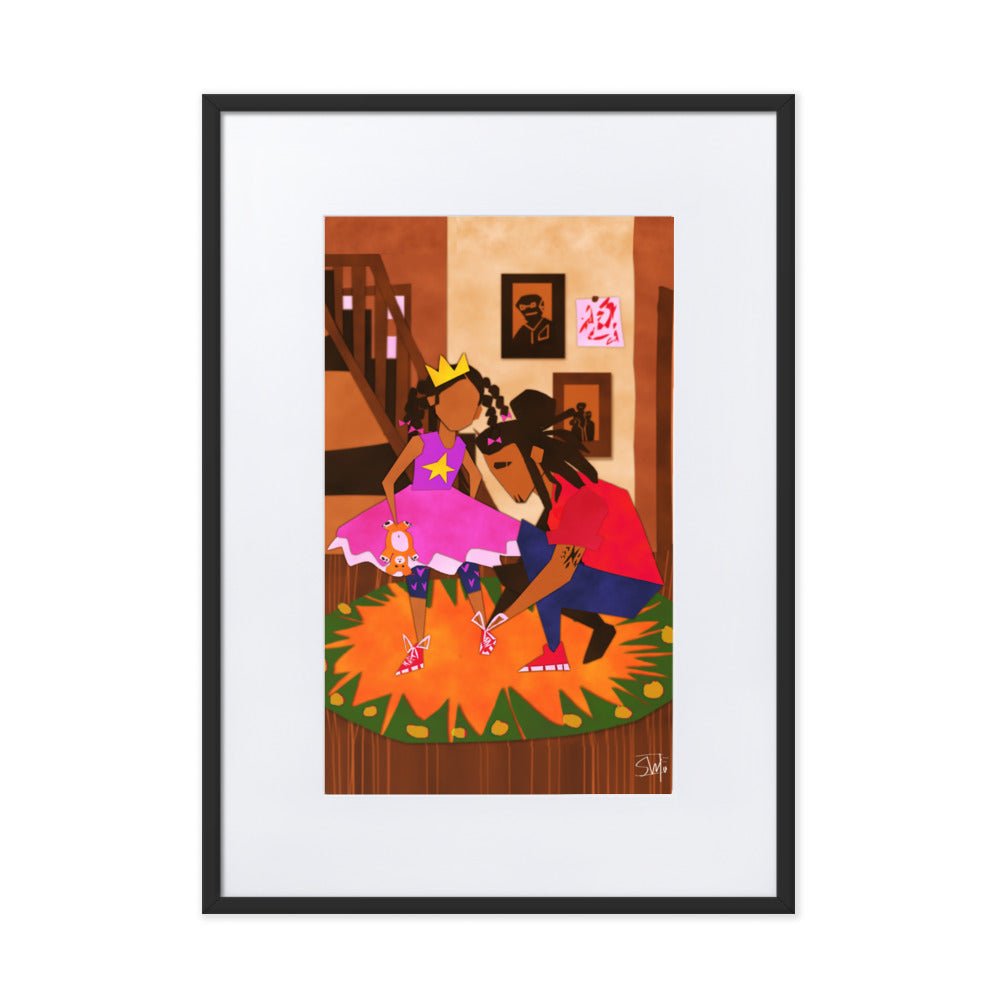 Framed art poster: Black girl princess with dad, 'Help Me Please' by Main Street Collective. Wall decor, family, love, black art.