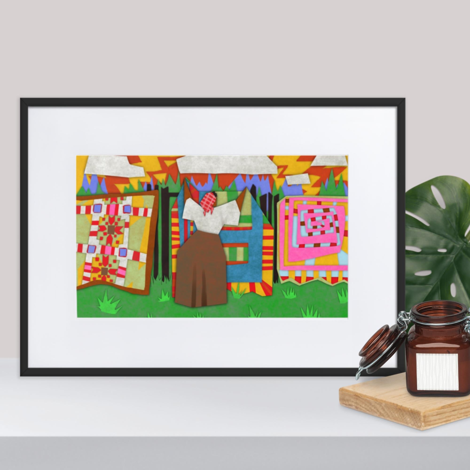 Quilt Woman Framed Poster: Folk Art Print with Colorful Quilts, Woman in Traditional Dress. Naive Art.