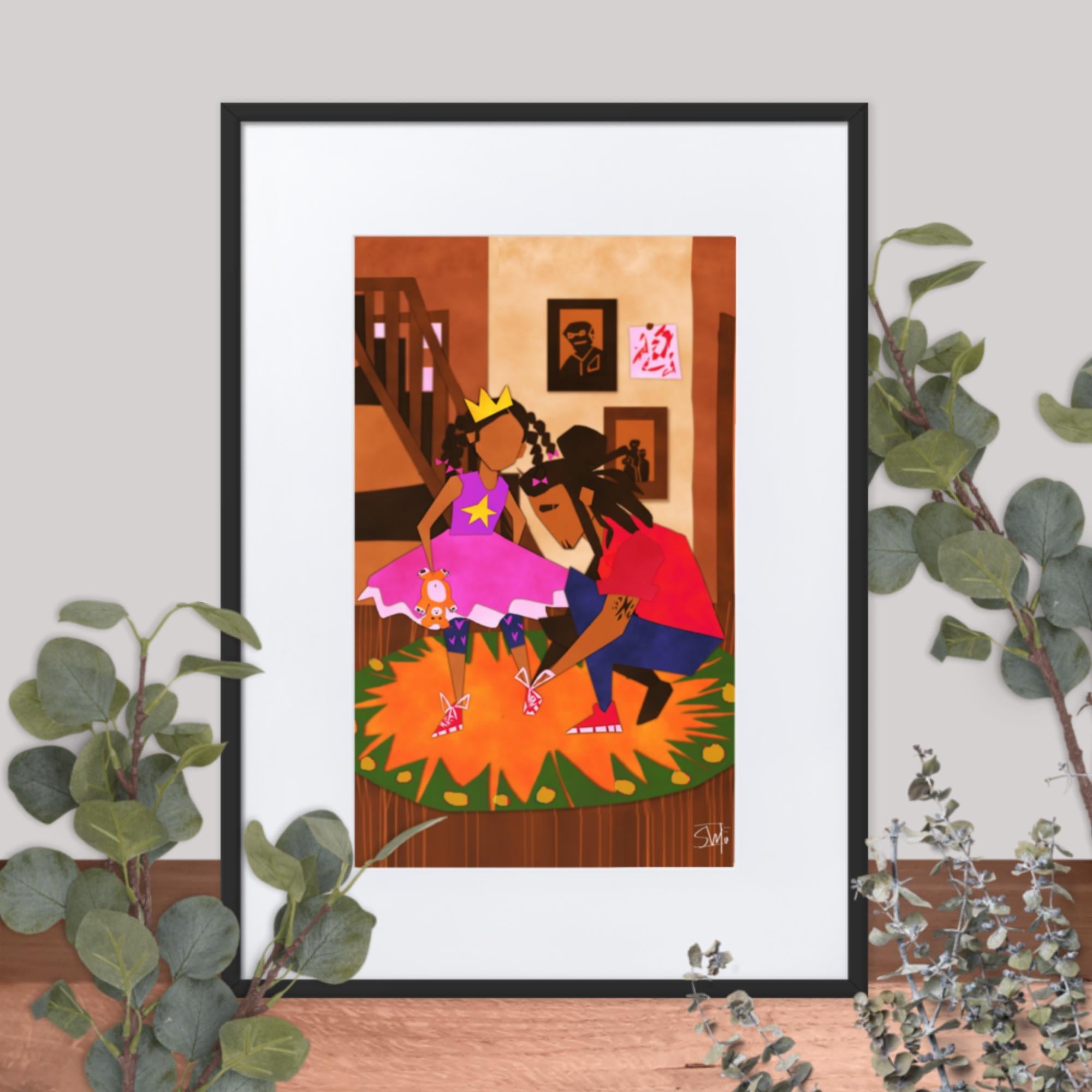 Black art: Father tying daughter's shoe. Girl in dress with crown. Framed print. Main Street Collective.