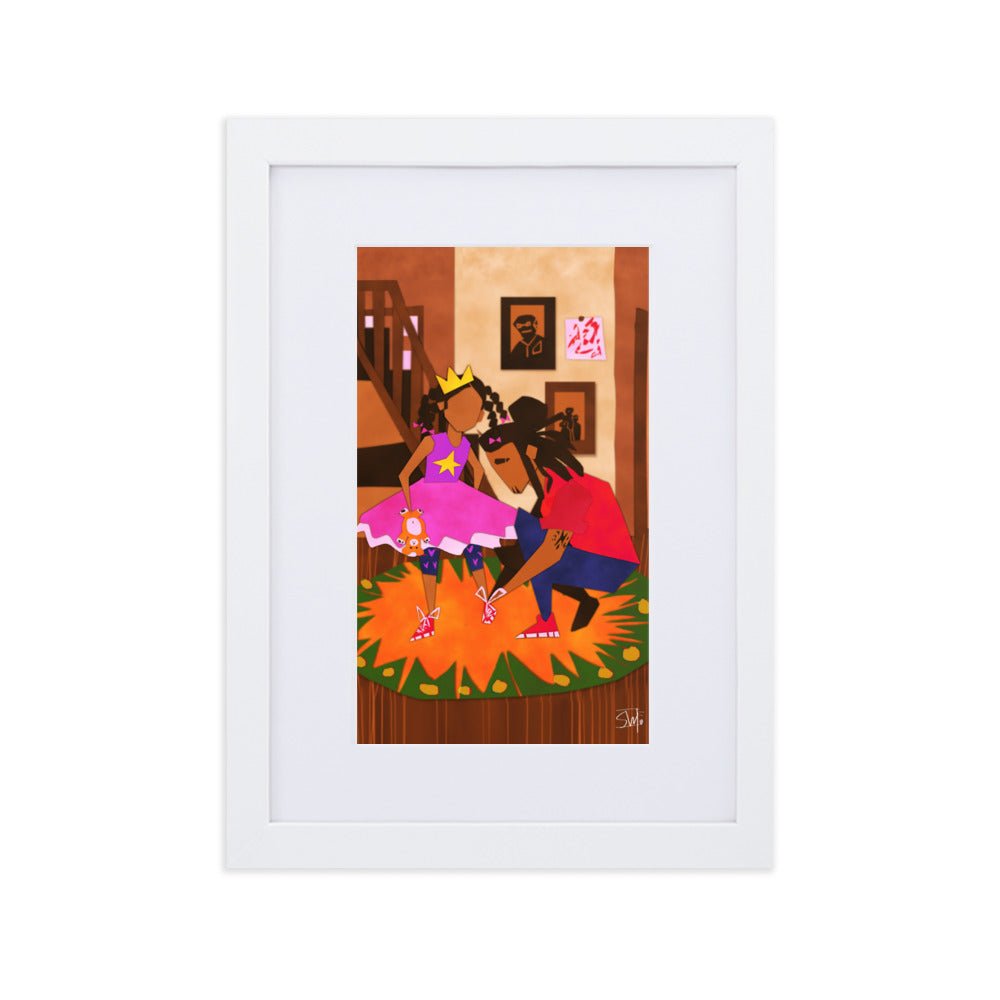 Framed art poster: "Help Me Please" featuring a Black father tying his daughter's shoe. Charming artwork from Main Street Collective.