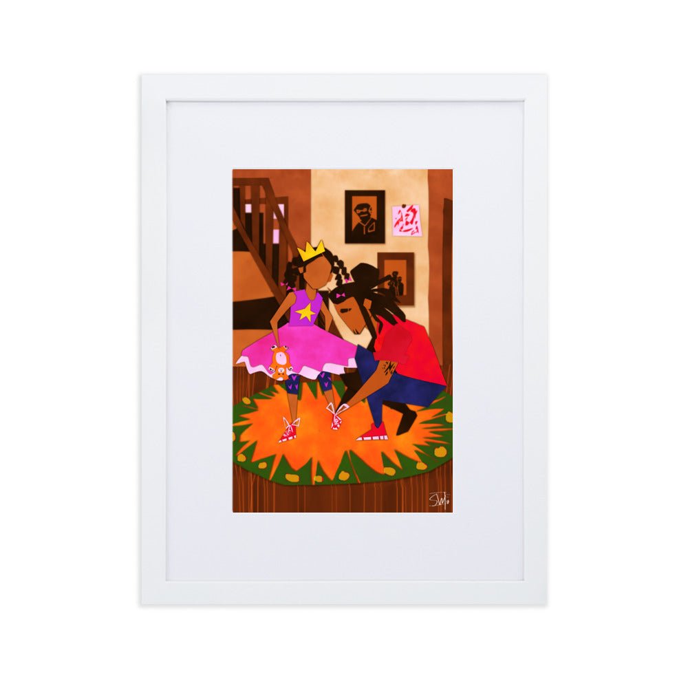 Black art print: Father tying daughter's shoes in princess costume. Framed poster with mat.