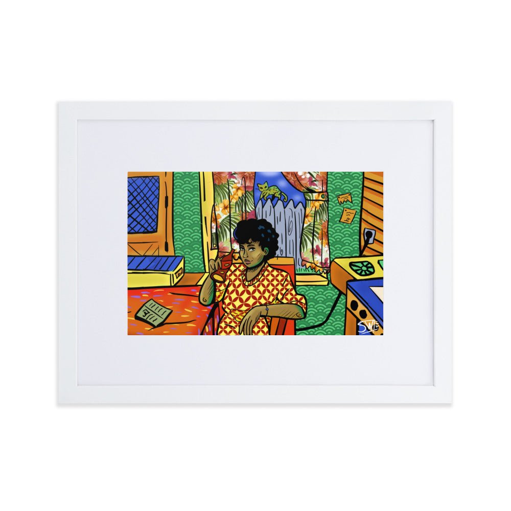 Framed Art: African American Woman in Retro Kitchen, Pop Art Style - "SODA POP WOMAN" by Main Street Collective