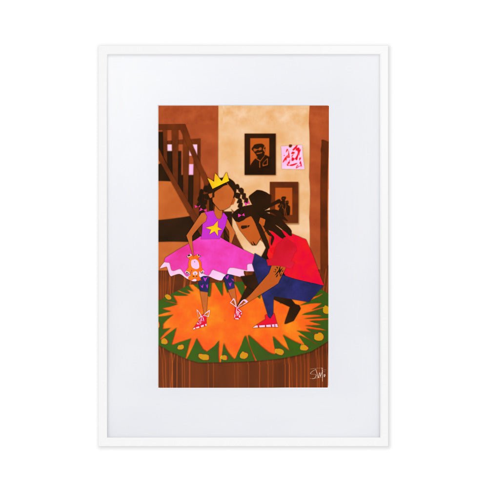 Father Daughter Art: "Help Me Please" Framed Poster. Black Dad tying little girl's princess shoes. Home decor art print.