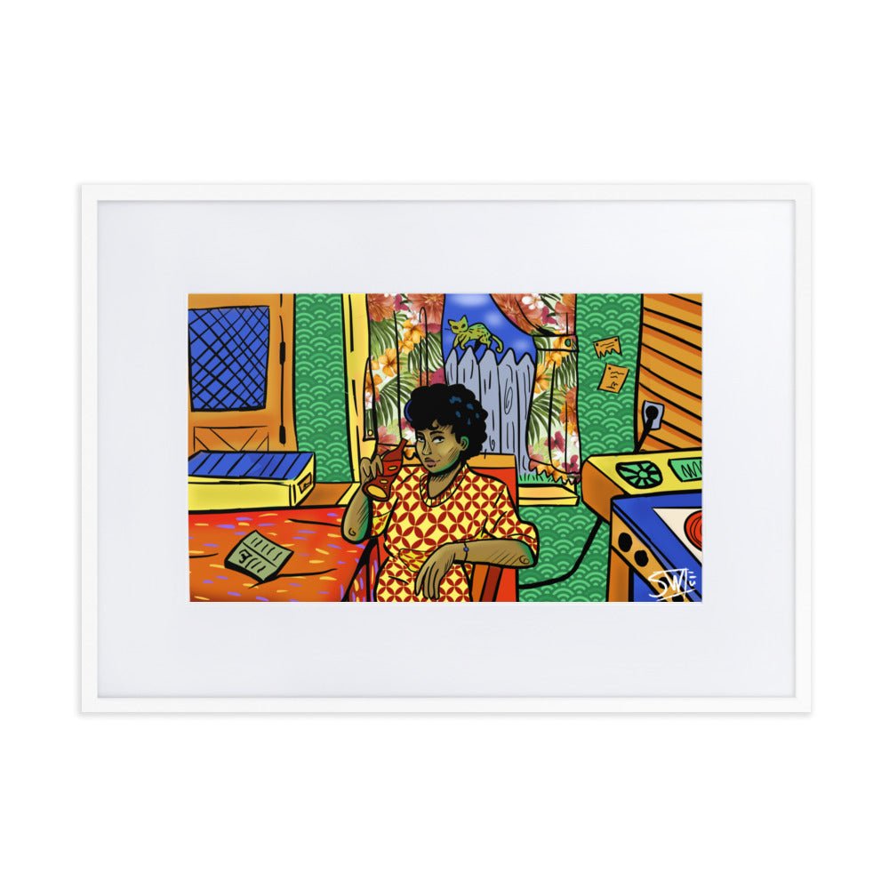 Framed Art: "SODA POP WOMAN" Poster by Main Street Collective. Woman Drinking in Colorful Interior. Modern Art, Matte Paper