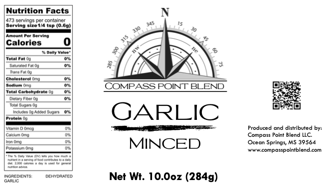 Compass Point Blend Dehydrated Minced Garlic Label: All-Natural, Zero Calorie Seasoning, MS Made