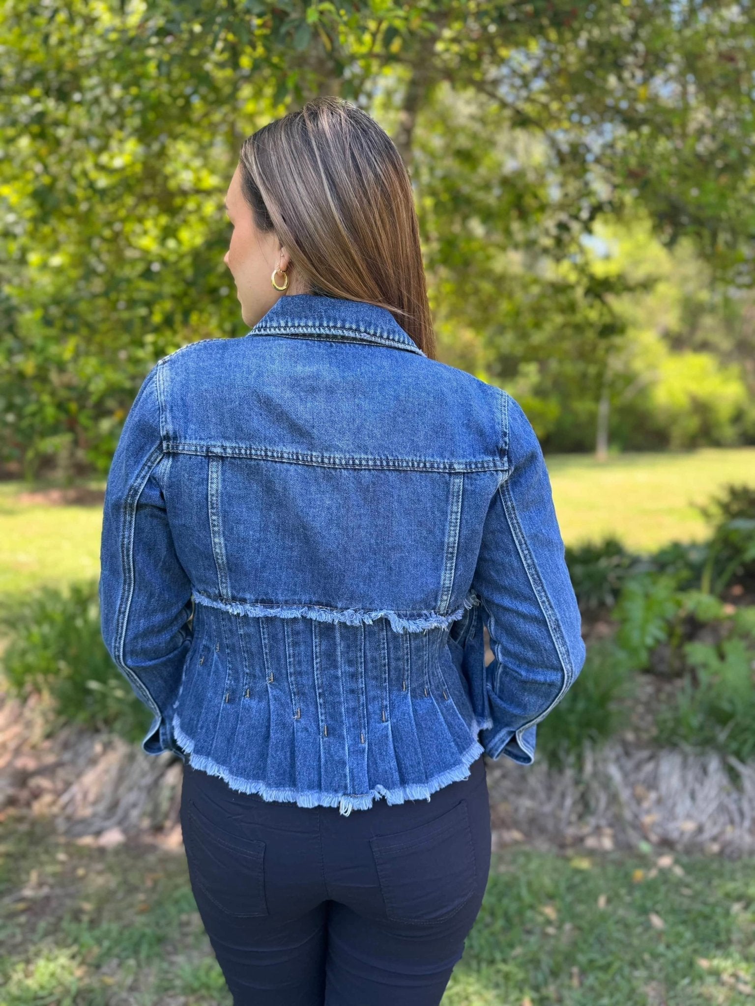 Pleated Denim Jacket: Dark Wash, Raw Hem | Boutique Fashion | Kan Can Jacket | Keep It Trendy