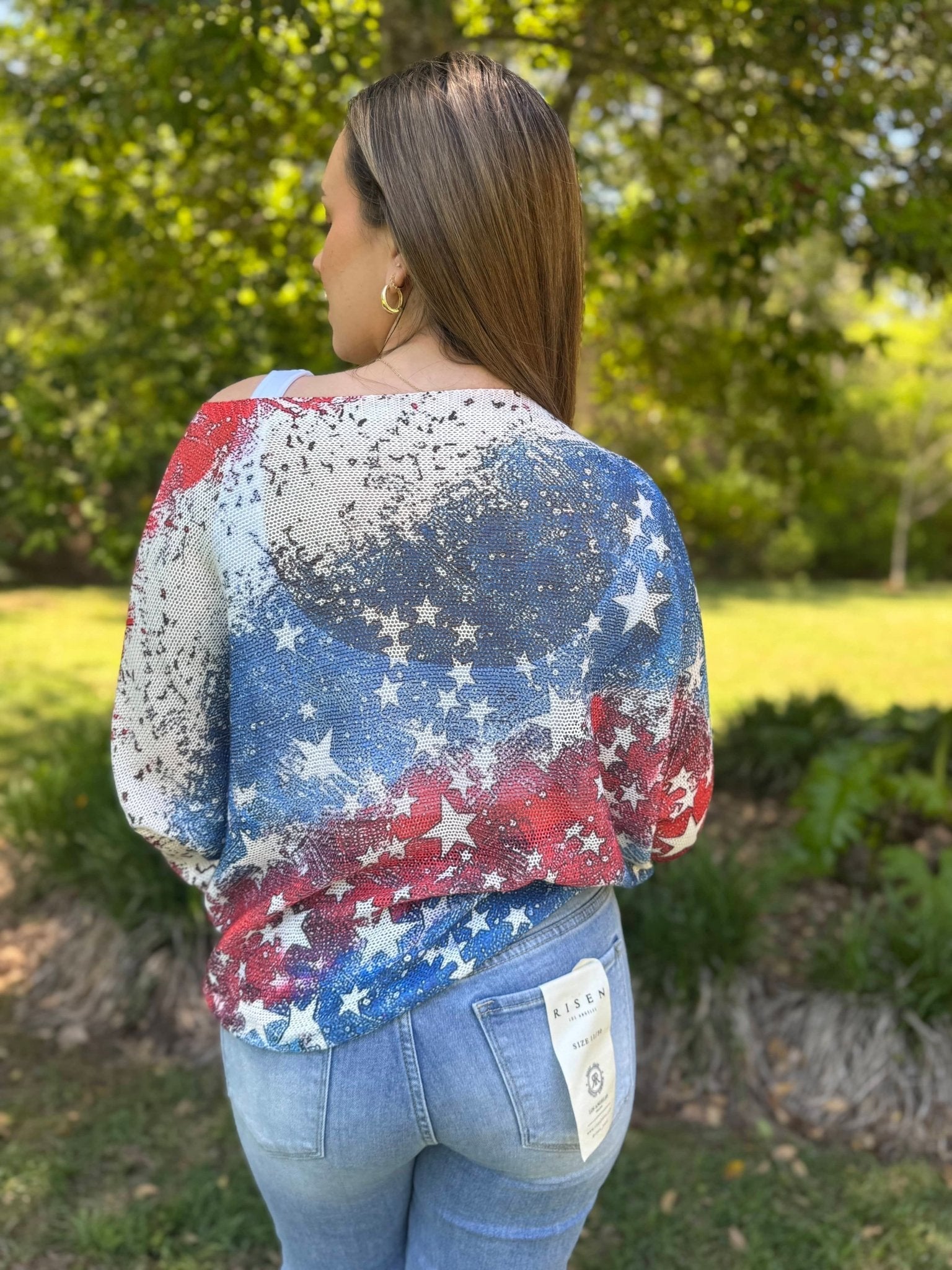 American Flag Stars Sweater - Patriotic Knit Top, Red White Blue Batwing Sleeves. Women's Summer Fashion.