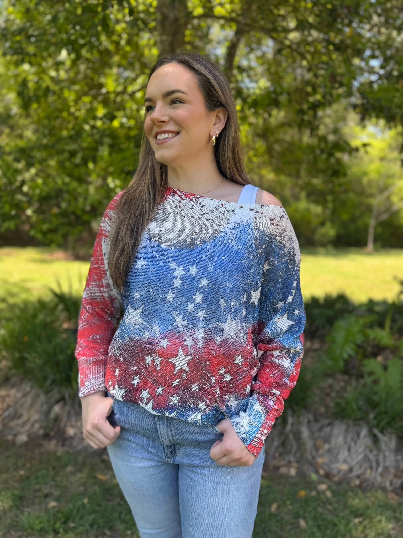 American Flag Sweater Women's Batwing Patriotic Top Stars Stripes Knit - Main Street Collective L.L.C