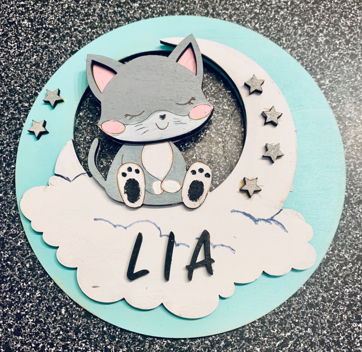 Custom 'Lia' Baby Name Wooden Sign- Cat on Moon Cloud Nursery Decor, Handmade.