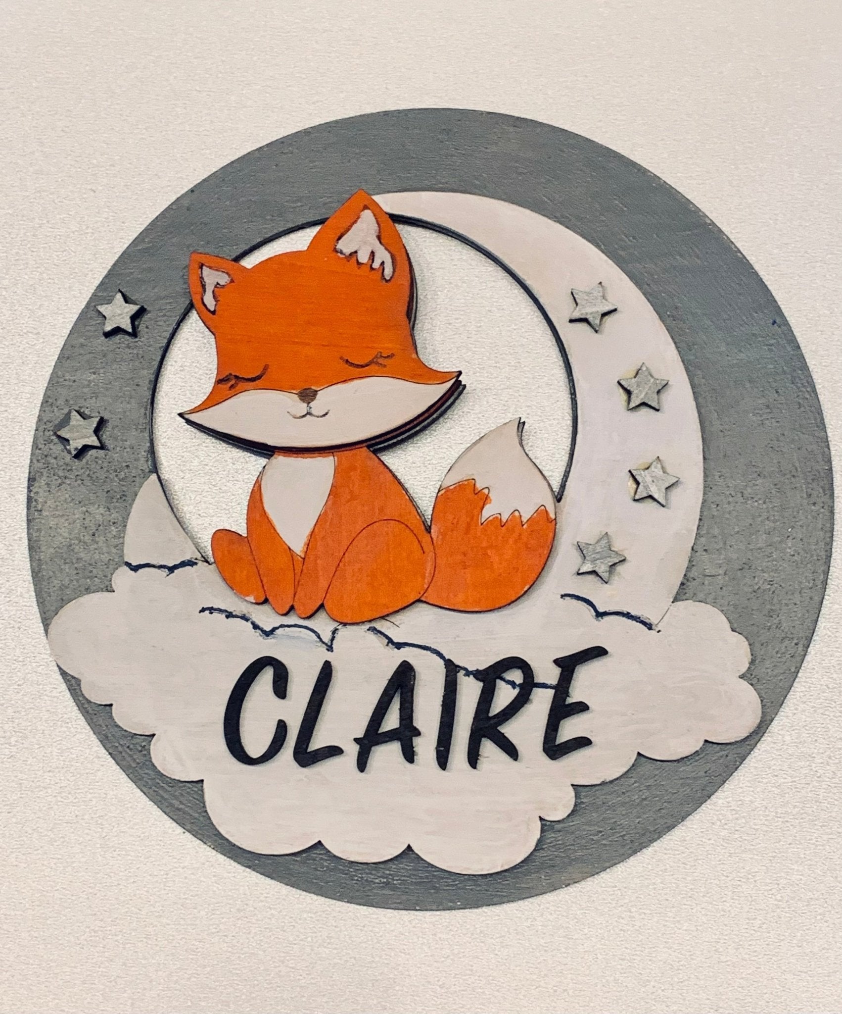 Custom Baby Name Sign: Wooden Fox, Moon, Stars Decor by Laser Ladies - Personalized Nursery Gift for Claire