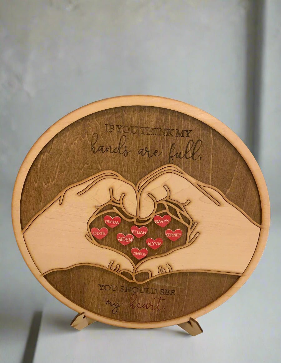 Personalized Mother's Day Wooden Plaque: Engraved Hands with Children's Names on Hearts - Unique Handmade Gift