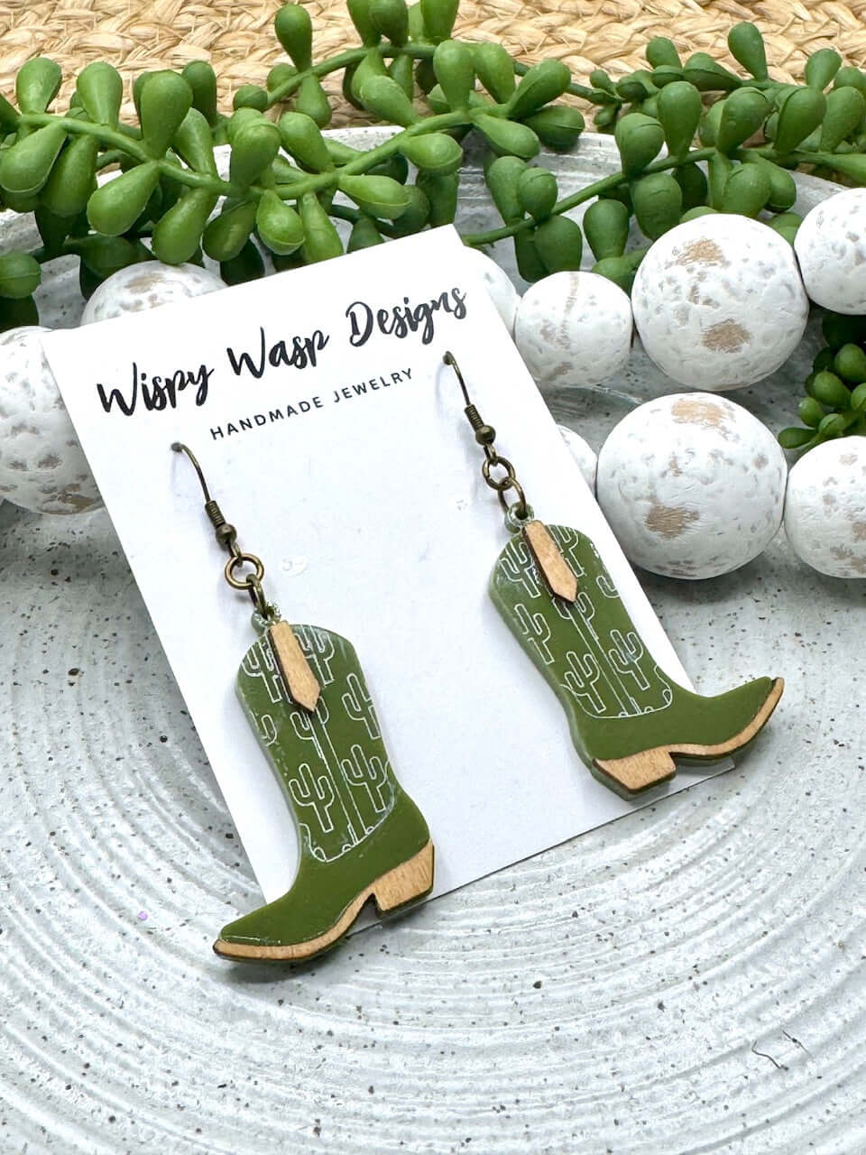 Cactus Boot Earrings: Handmade Western Jewelry | Wispy Wasp Designs | Mississippi Gift