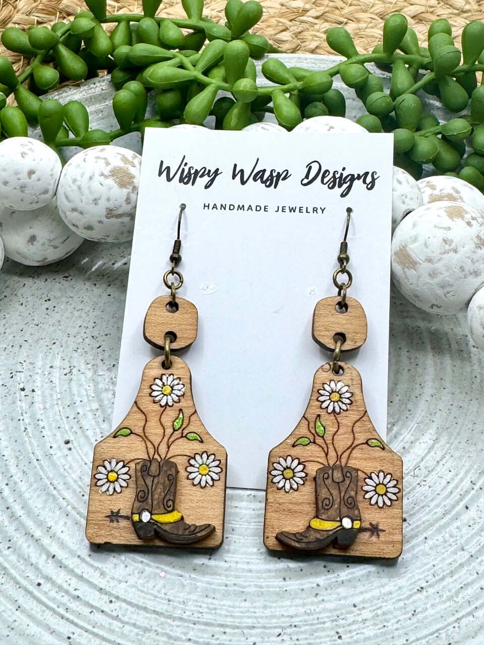 Cowgirl Earrings: Western Boot & Floral Handmade Earrings by Wispy Wasp