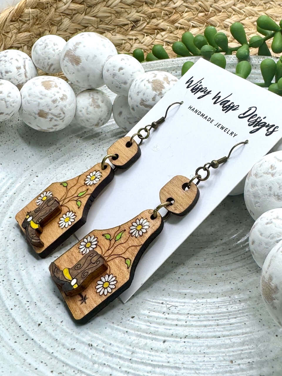 Flower Boot Earrings: Handmade Western Cow Tag Earrings, Cherry Wood, Country Chic Style, Unique Gift, by Wispy Wasp