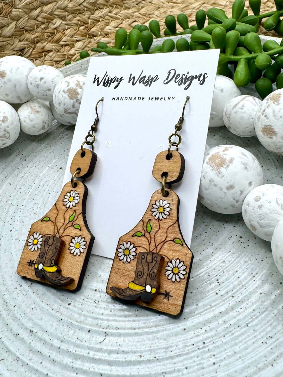 Cowgirl Earrings: Western Boot & Daisy Earrings, Handmade Wooden Earrings by Wispy Wasp, Mississippi Made