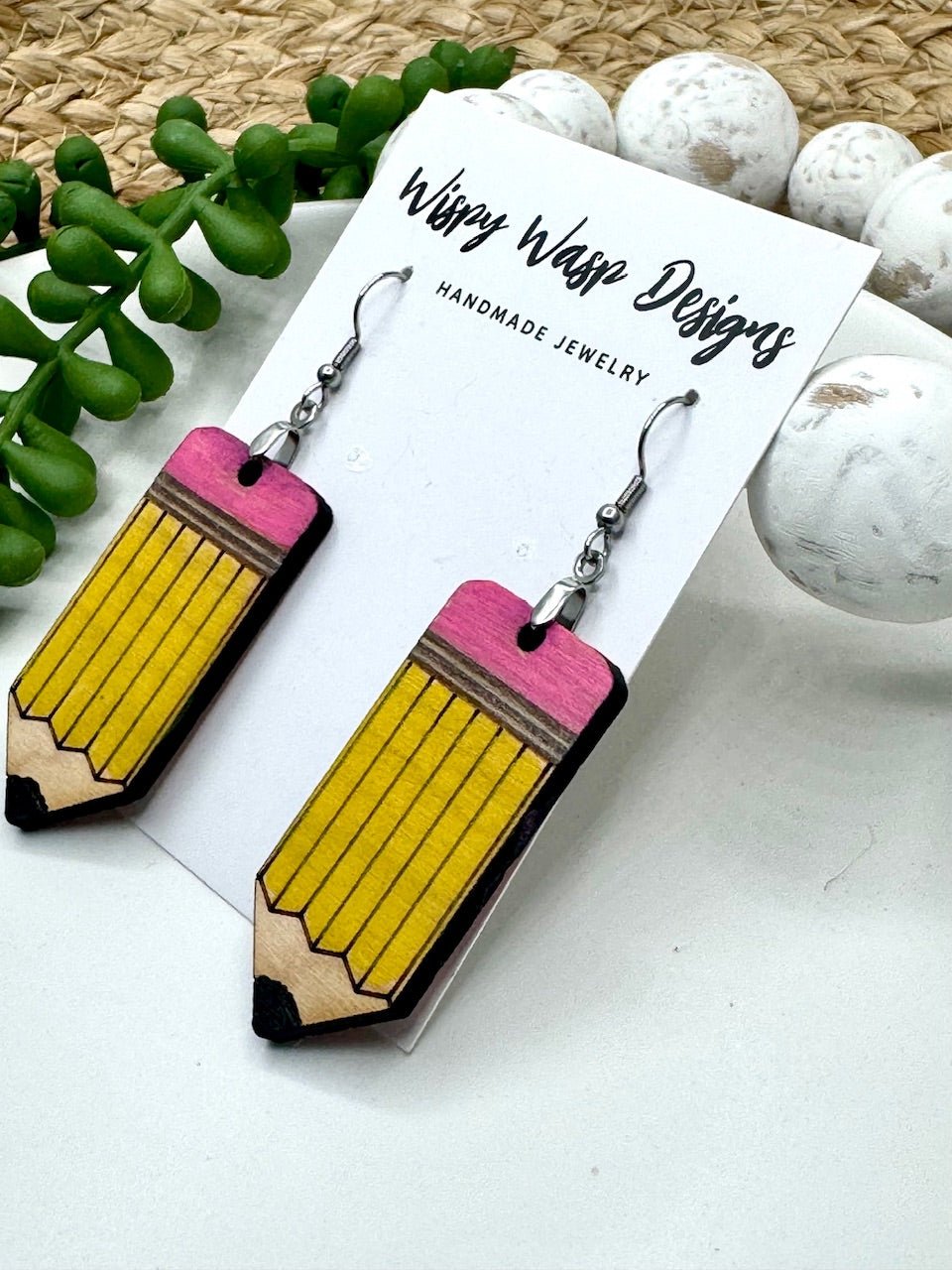 Pencil Earrings Handmade by Wispy Wasp: Back to School Teacher Gift. Laser Cut Wood Jewelry.