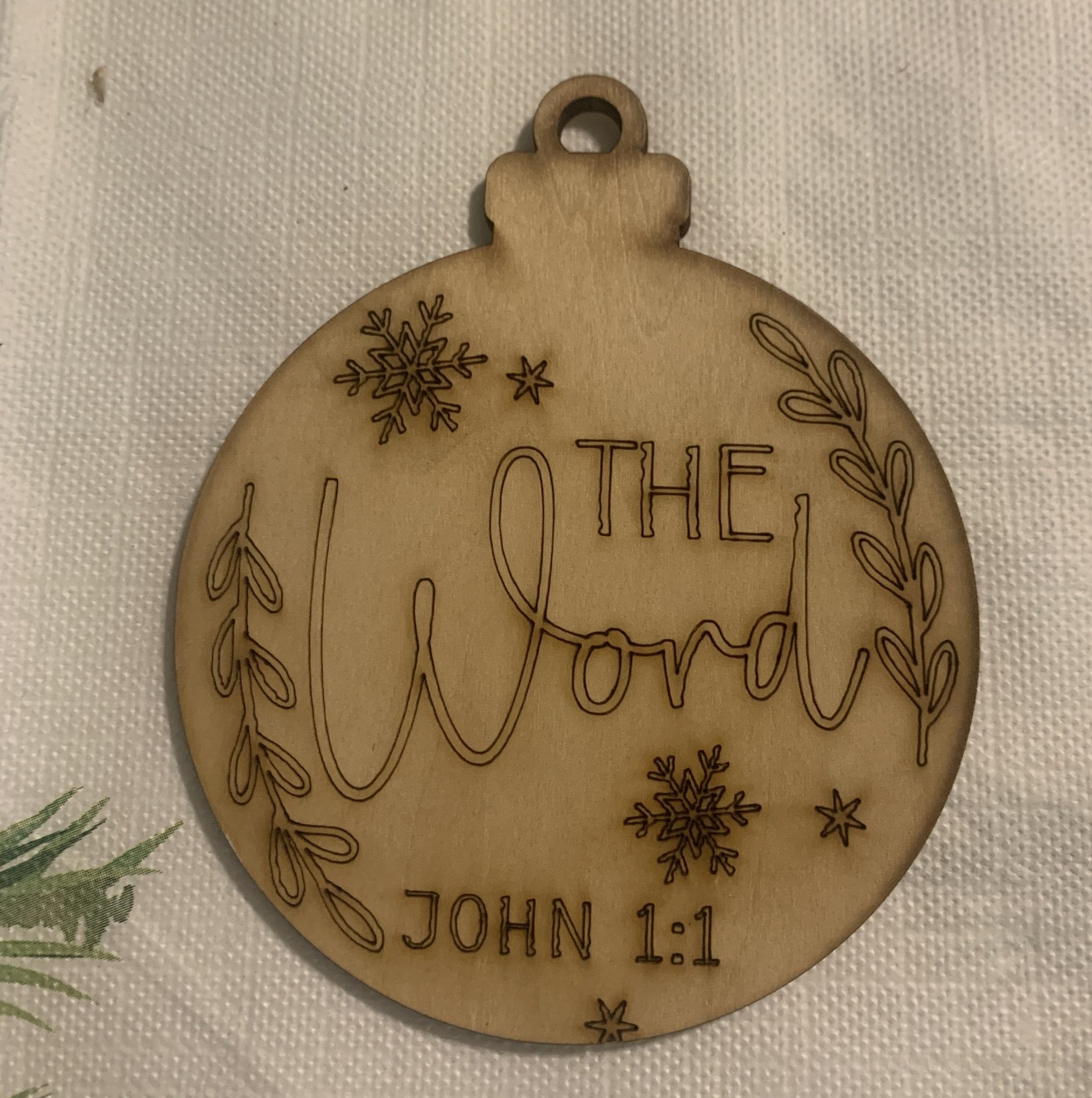 Wooden Christmas Ornament - The Word, John 1:1 - Snowflake Design - Religious Christmas Decor
