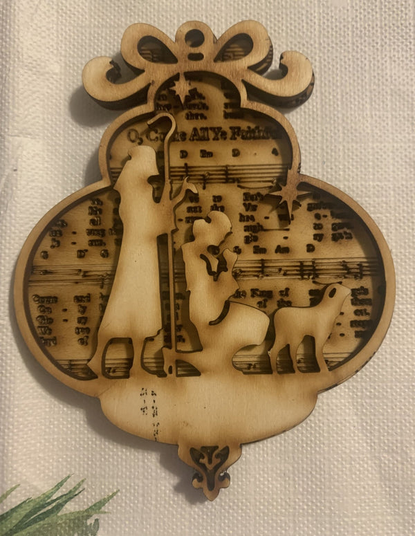 Laser Cut Wooden Nativity Ornament: Shepherd, Sheep, Musical Score - Main Street Collective Christmas Decoration Mississippi Made