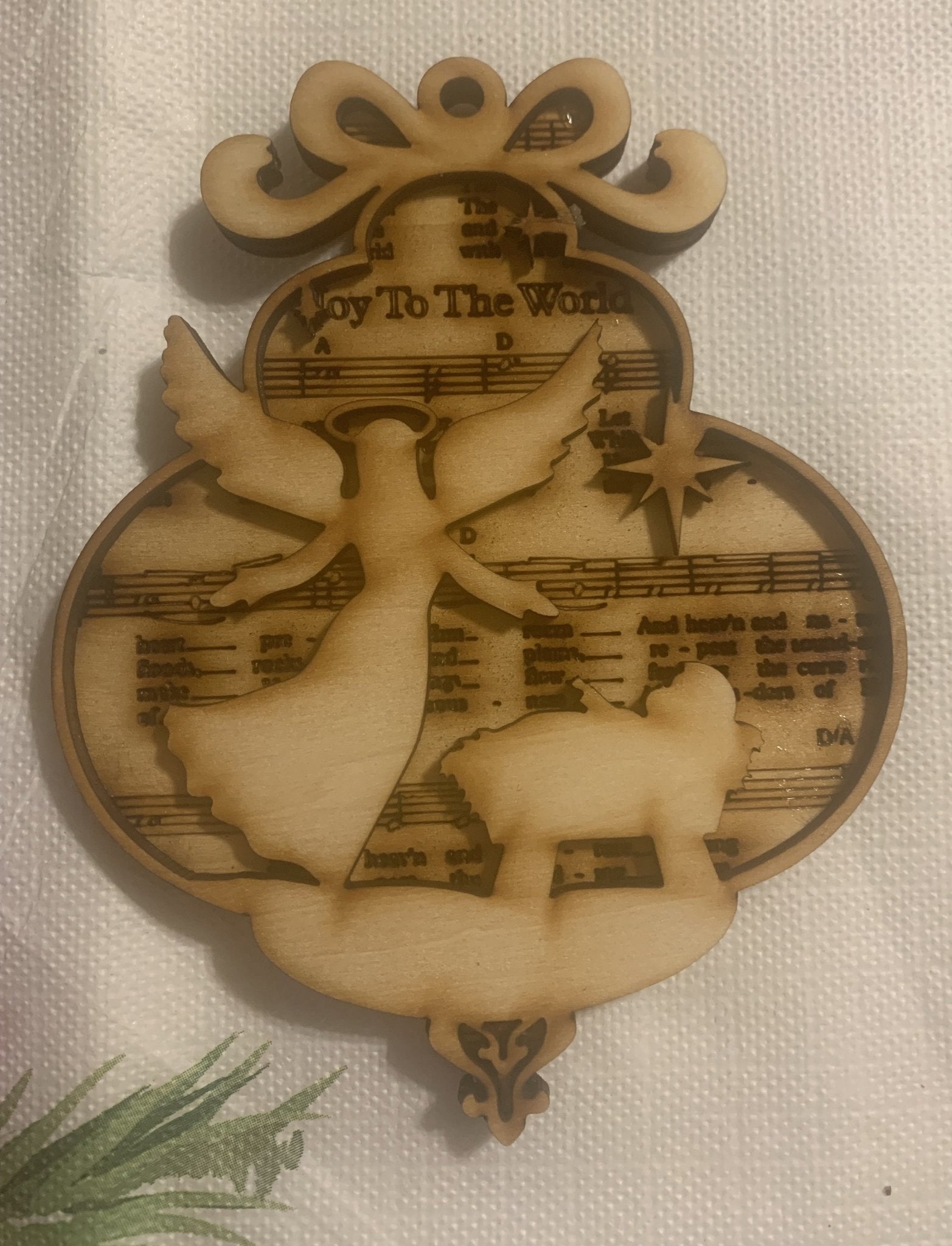 Laser Cut Wood Nativity Ornament - Joy to the World Angel and Lamb Christmas Decoration, Rustic Holiday Tree Ornament