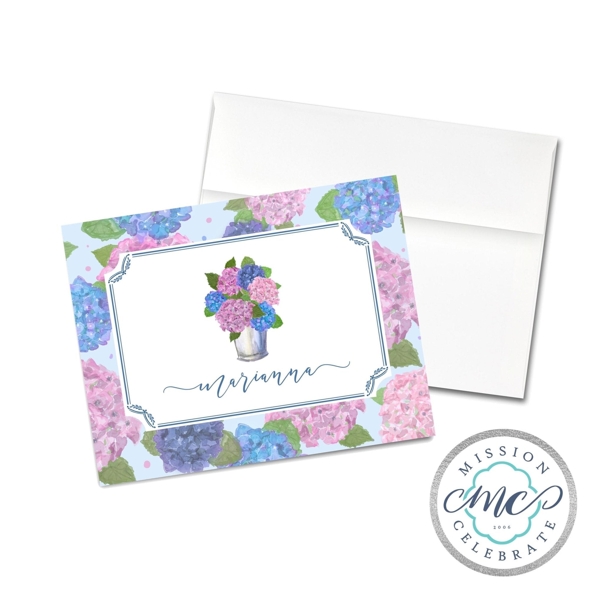 Hydrangea Stationery Set: Personalized 'Marianna' Floral Notes, Watercolor Card, and Envelope by Main Street Collective.