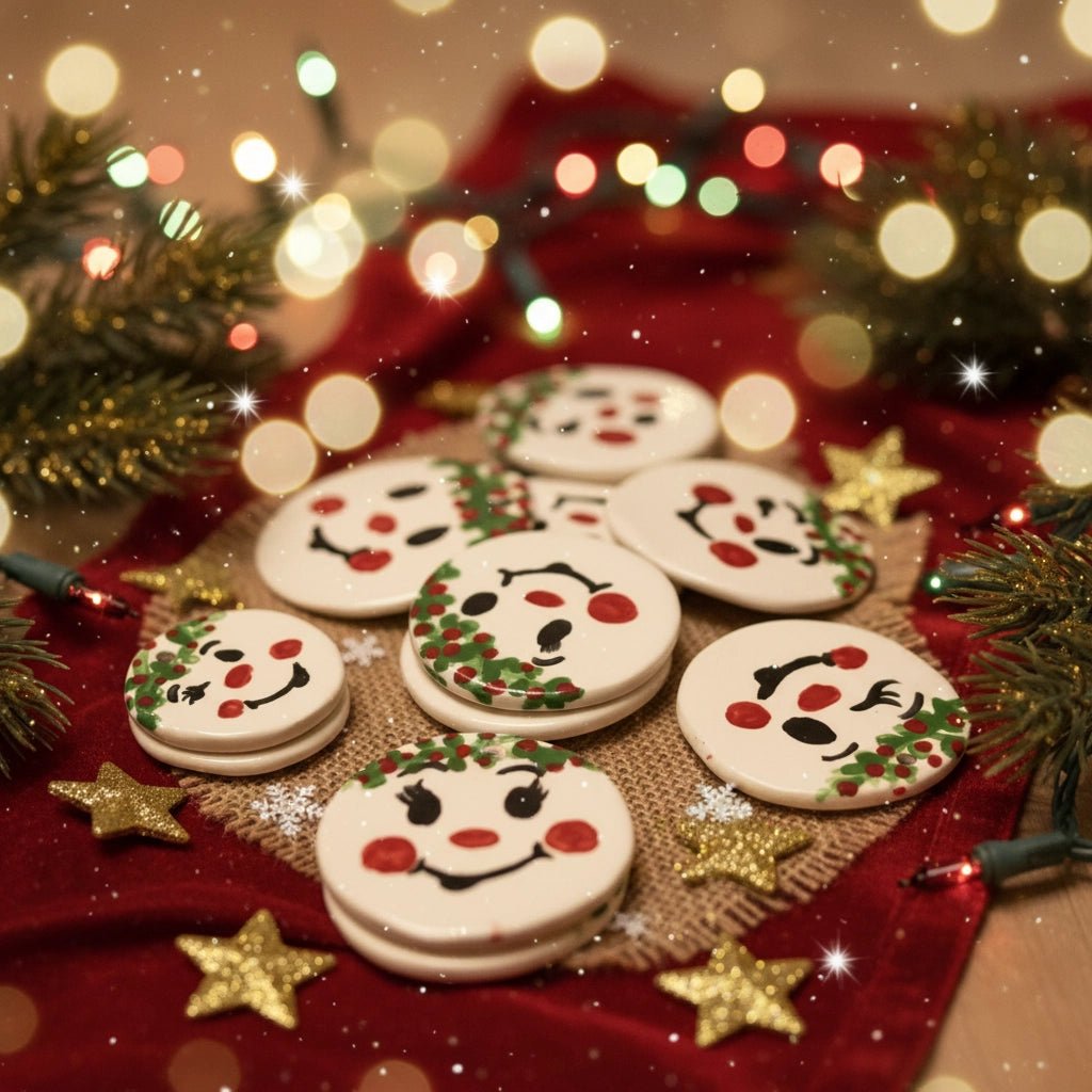 Handmade Christmas ornaments: painted festive designs with holiday lights and stars on a red cloth. Holiday crafts.