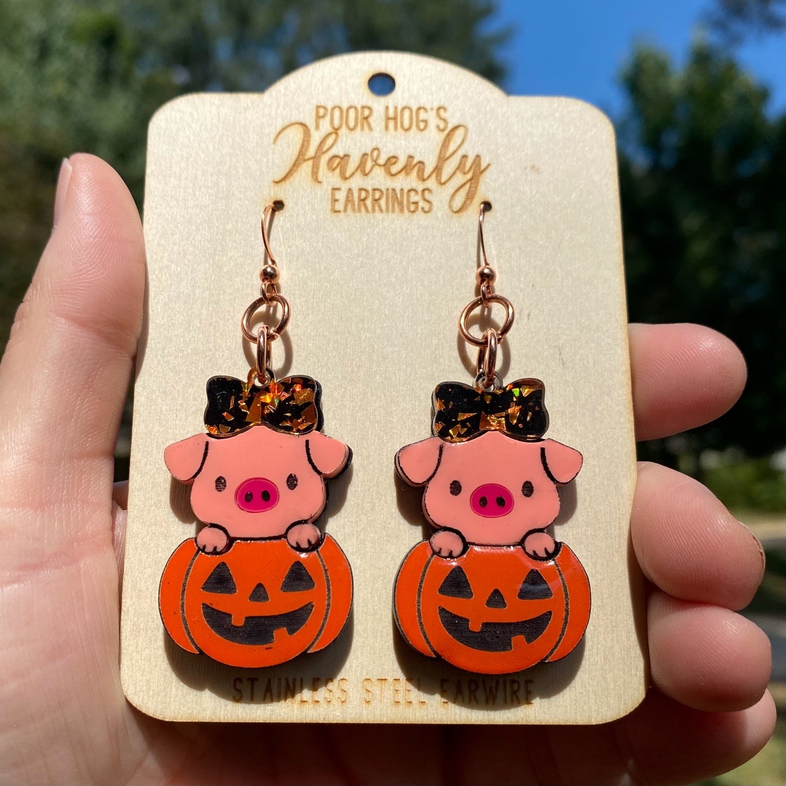 Piggy in a Pumpkin Earrings – Cute Halloween Pig Earrings, Fall Jack-O-Lantern Jewelry, Funny Farm Animal Earrings, Spooky Season Gift