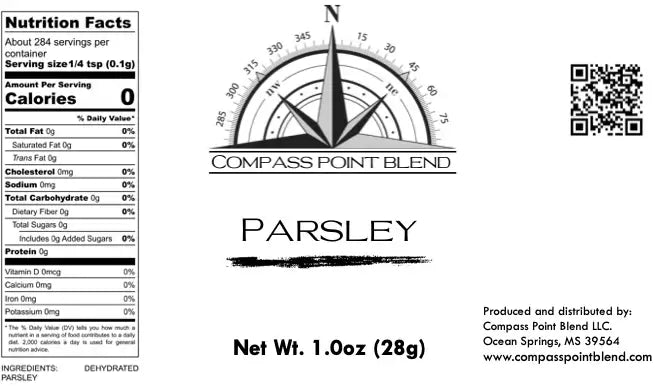 Parsley Nutrition Facts | Dried Herb | Compass Point Blend | All-Natural | Low Sodium | 1.0oz