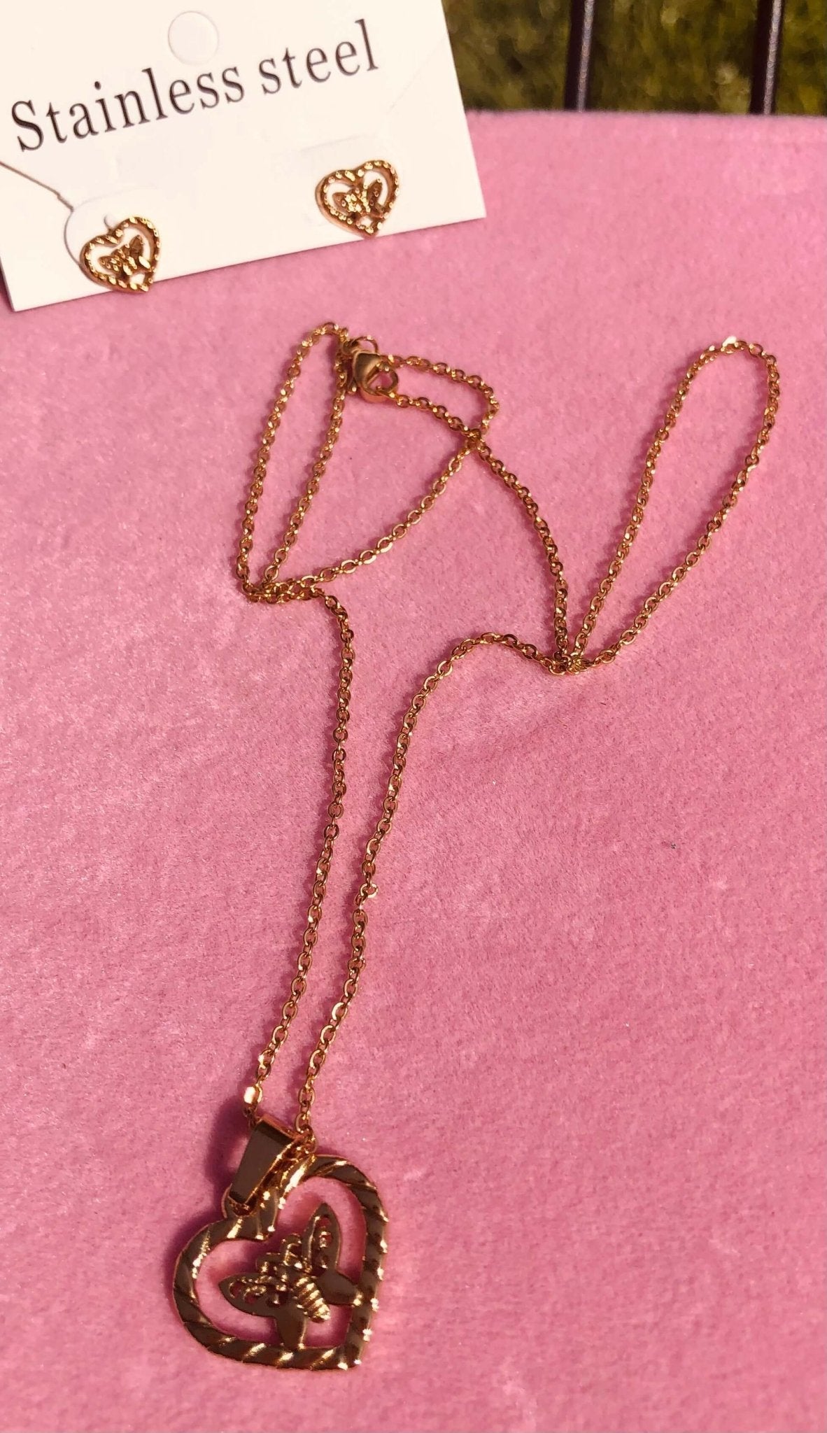 Gold Heart Necklace & Earring Set: Stainless Steel Butterfly Heart Jewelry from Main Street Collective