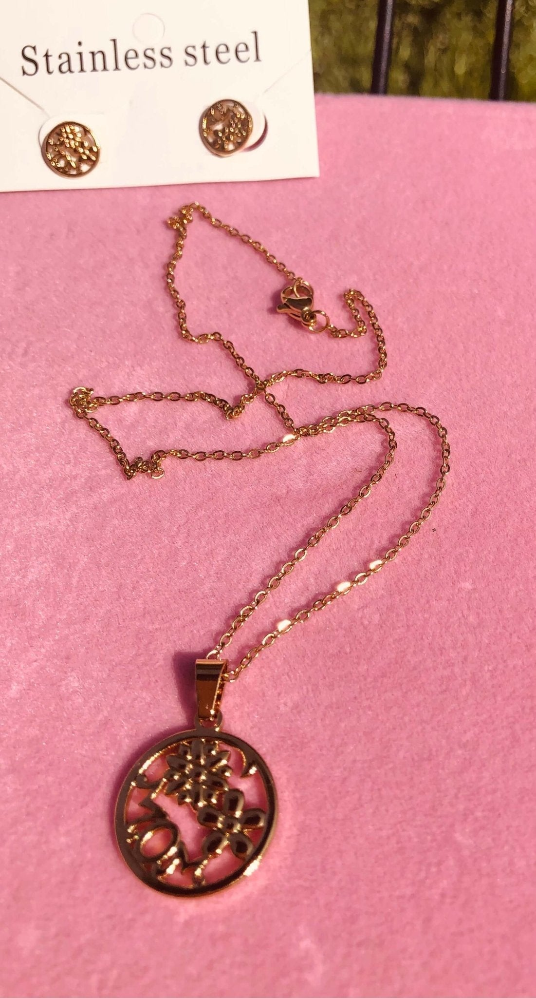 Gold Floral Pendant Necklace & Earring Set - Stainless Steel Jewelry - Main Street Collective