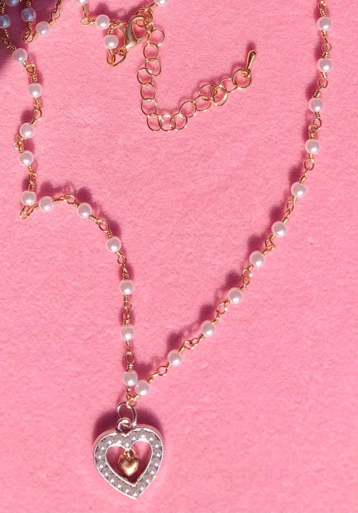Dainty Pearl Necklace with Heart Pendant - Gold Chain, Adjustable Length | Main Street Collective Handmade Jewelry