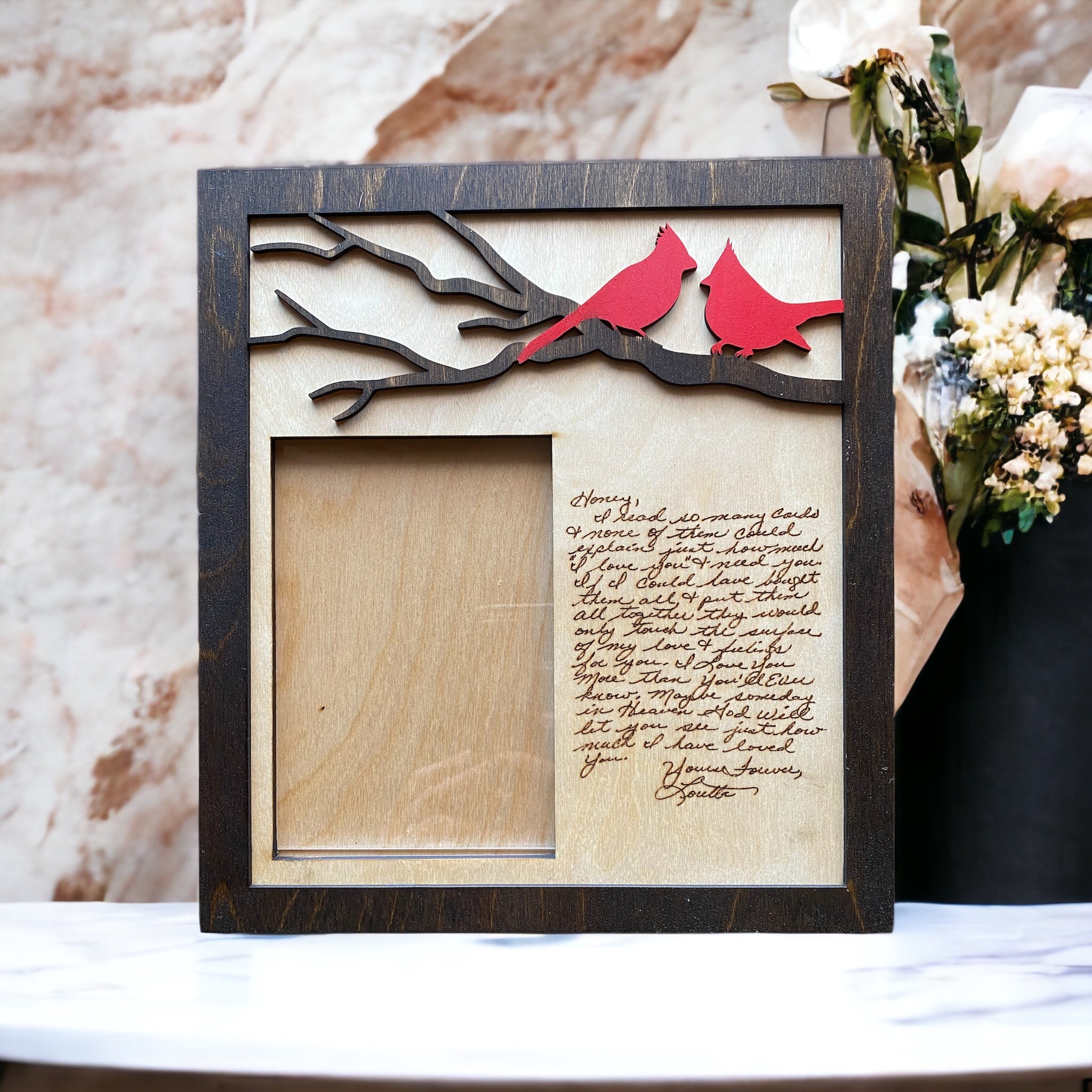 Personalized Cardinal Memorial Photo Frame - Custom Handwriting Engraved Gift, Remembrance Picture Frame, Wooden Cardinal Frame