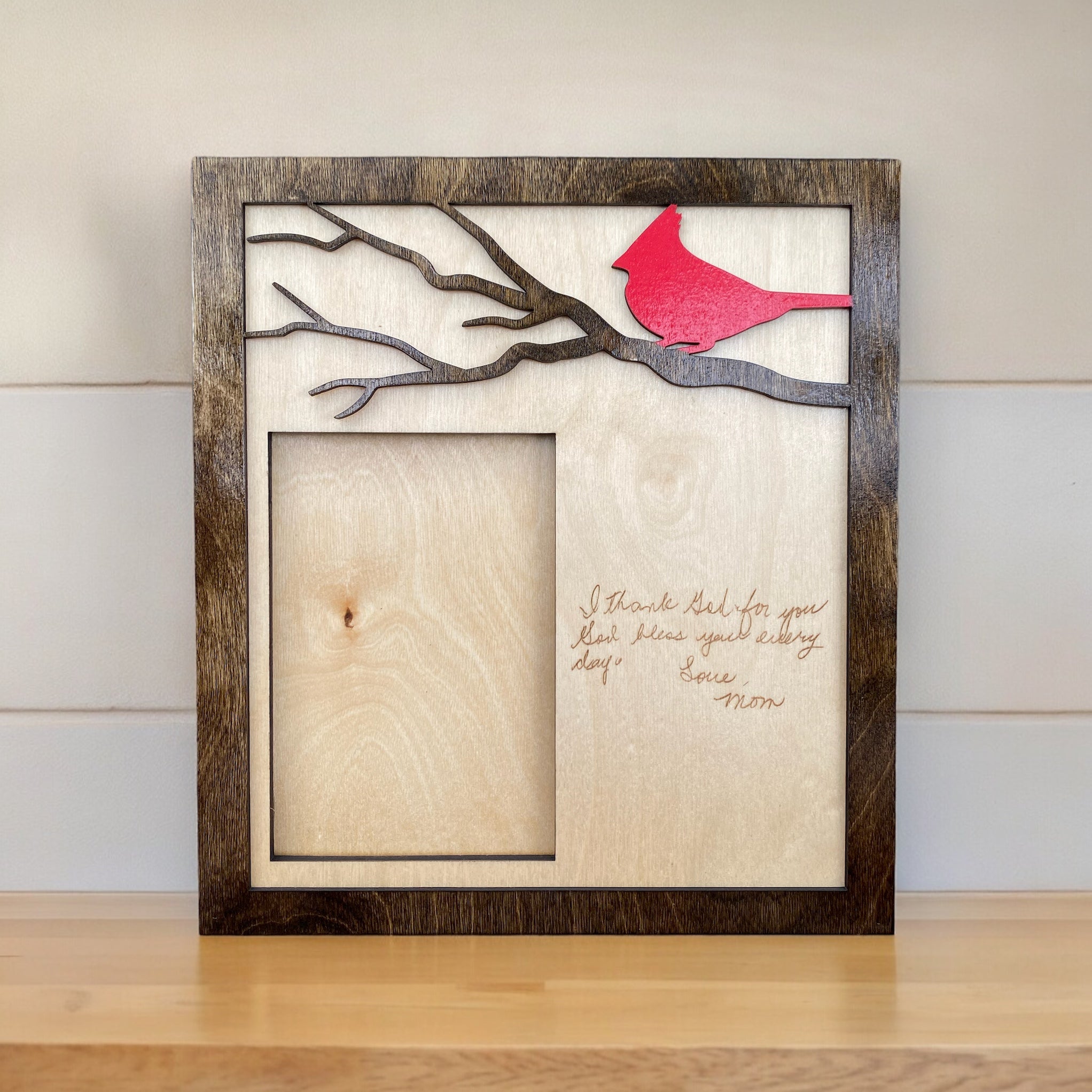 Personalized Cardinal Memorial Photo Frame - Custom Handwriting Engraved Gift, Remembrance Picture Frame, Wooden Cardinal Frame