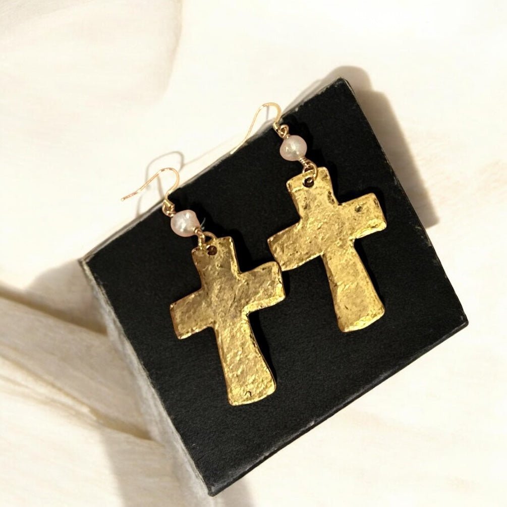 Handmade Gold Cross Earrings with Rice Pearls - Mississippi Faith Jewelry by Soulful Designs. Artisan Crafted, Gold Plated, Religious Jewelry