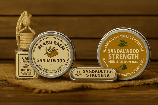 Sandalwood Men's Grooming Set: Beard Balm, Lotion Bar & Car Diffuser by Helen's All Natural Creations. Main Street Collective.