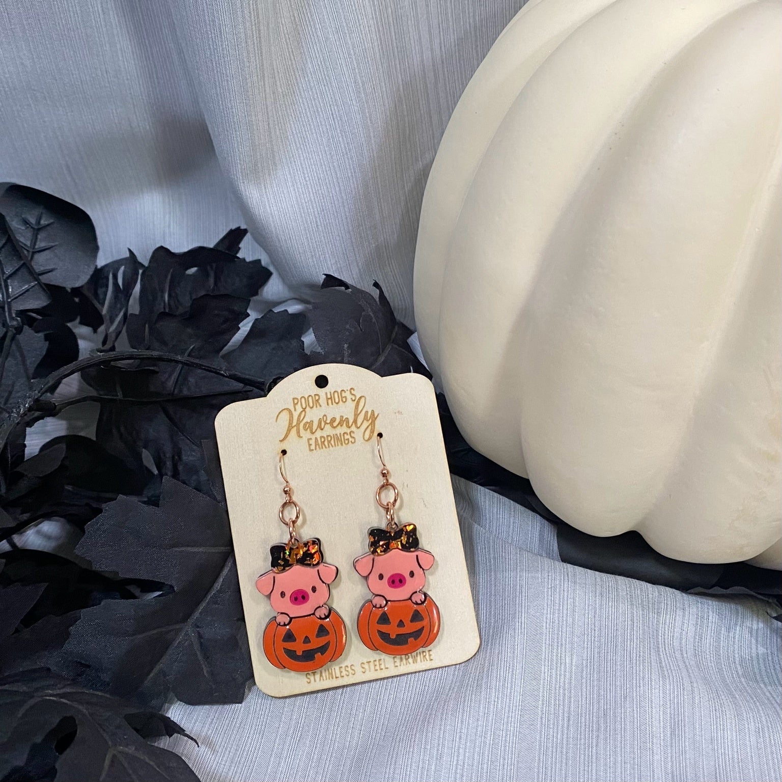 Piggy in a Pumpkin Earrings – Cute Halloween Pig Earrings, Fall Jack-O-Lantern Jewelry, Funny Farm Animal Earrings, Spooky Season Gift