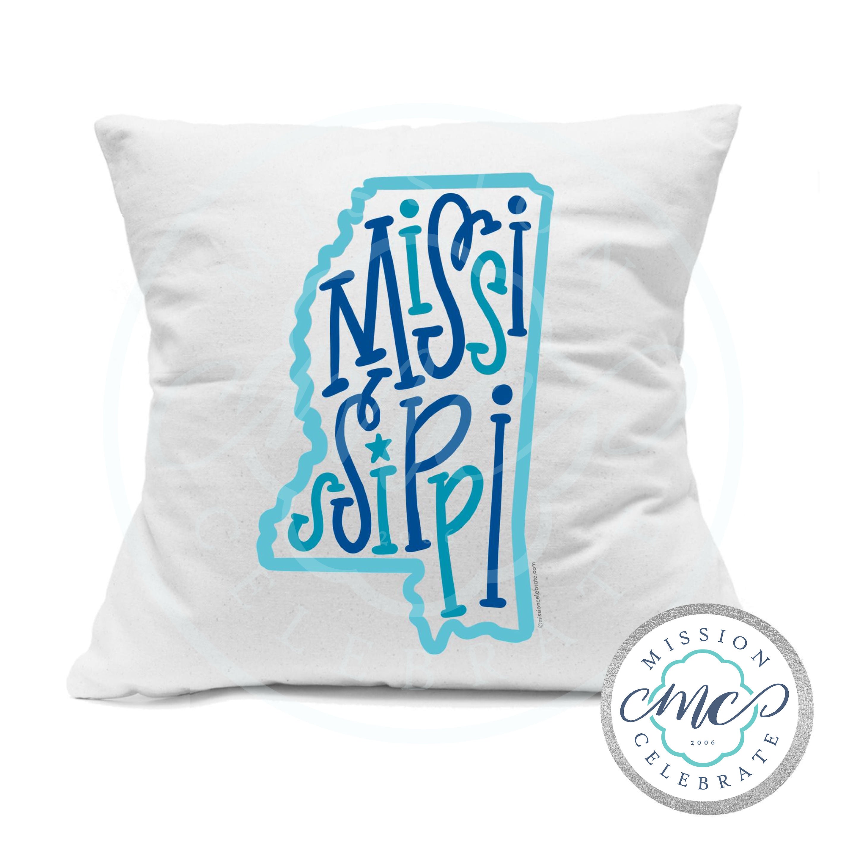 Mississippi Bouncy Letters Handlettered Art (blues) Pillow Cover (with Pillow Insert) White 18"x18"