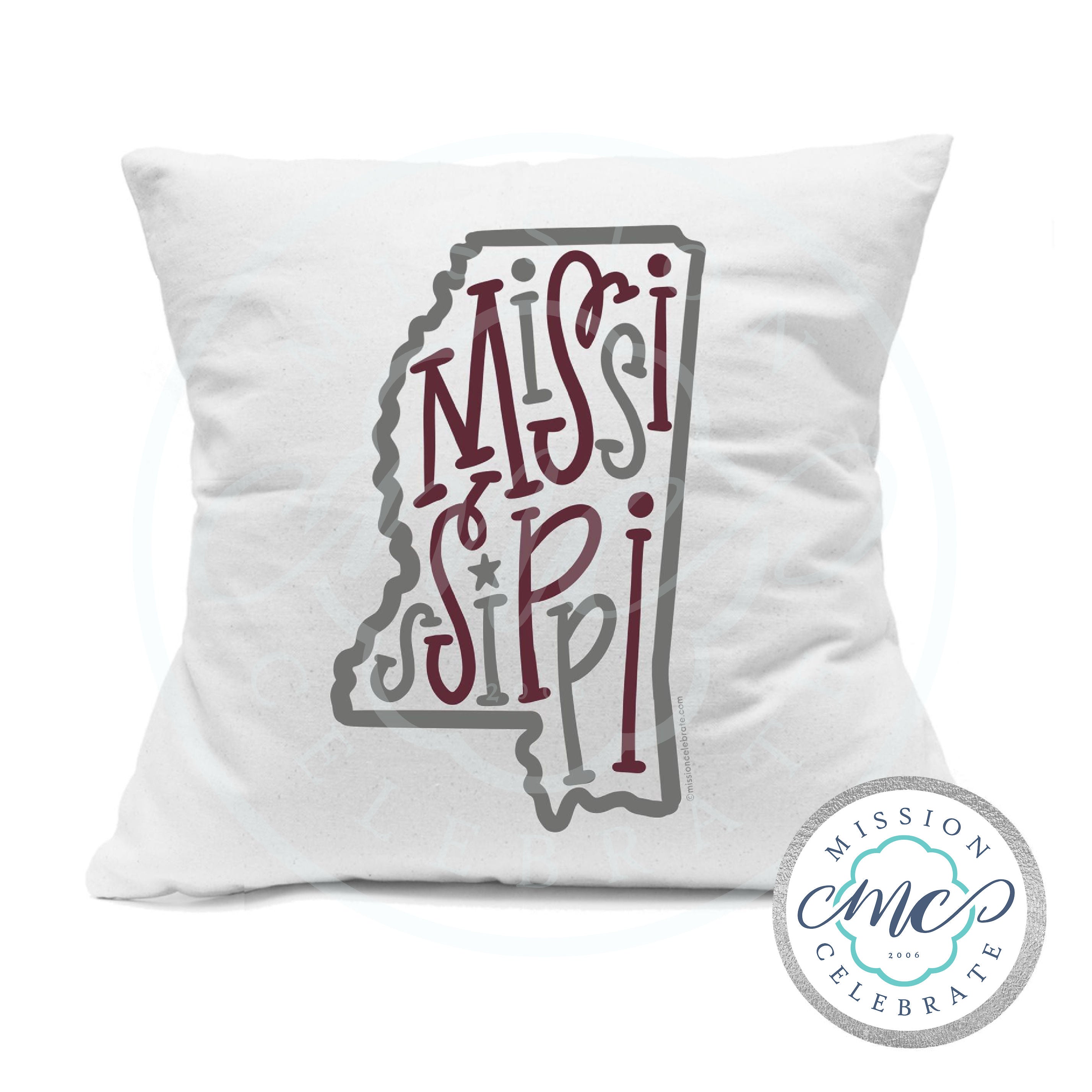 Mississippi Bouncy Letters Handlettered Art (maroon & gray) Pillow Cover (with Pillow Insert) White 18"x18"