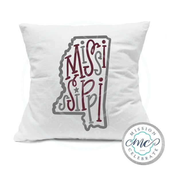 Mississippi Pillow Cover: Maroon & Gray State Art, Handmade Decor, 18x18 Cotton Canvas
